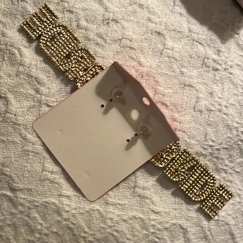NWT 2-PC set of bride bling: gold rhinestone headband & dangling BRIDE earrings